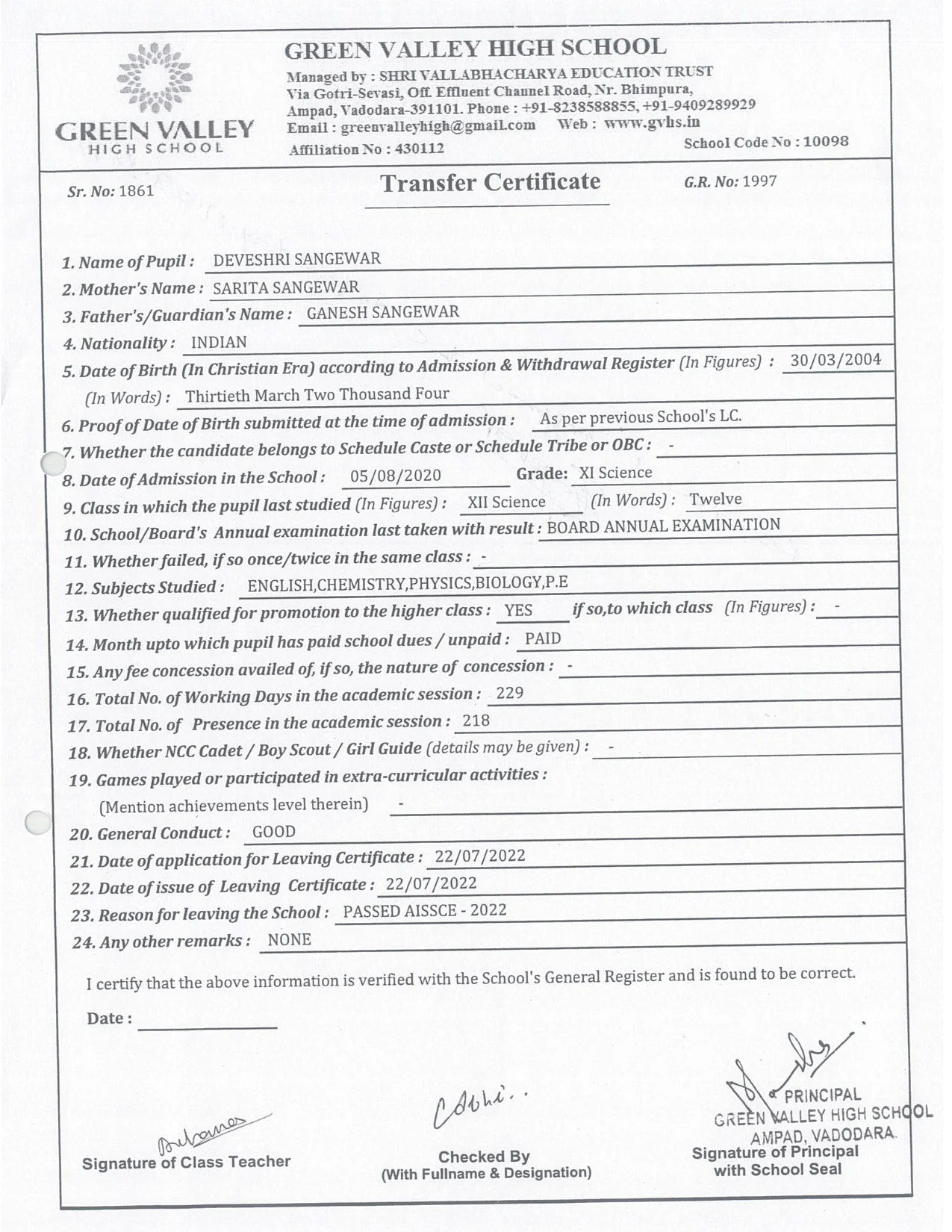1997 - Deveshri Sangewar