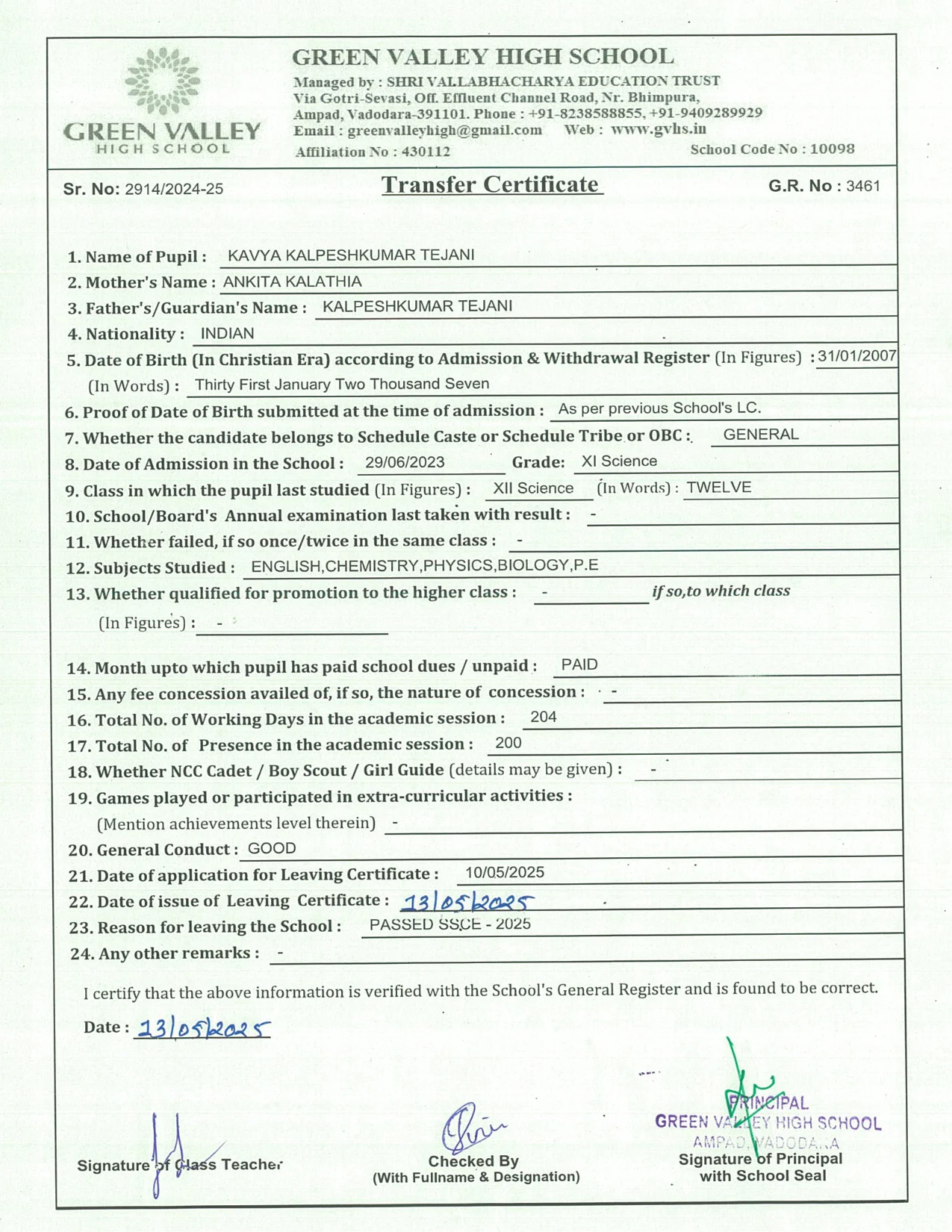 3461 - Kavya Kalpeshkumar Tejani