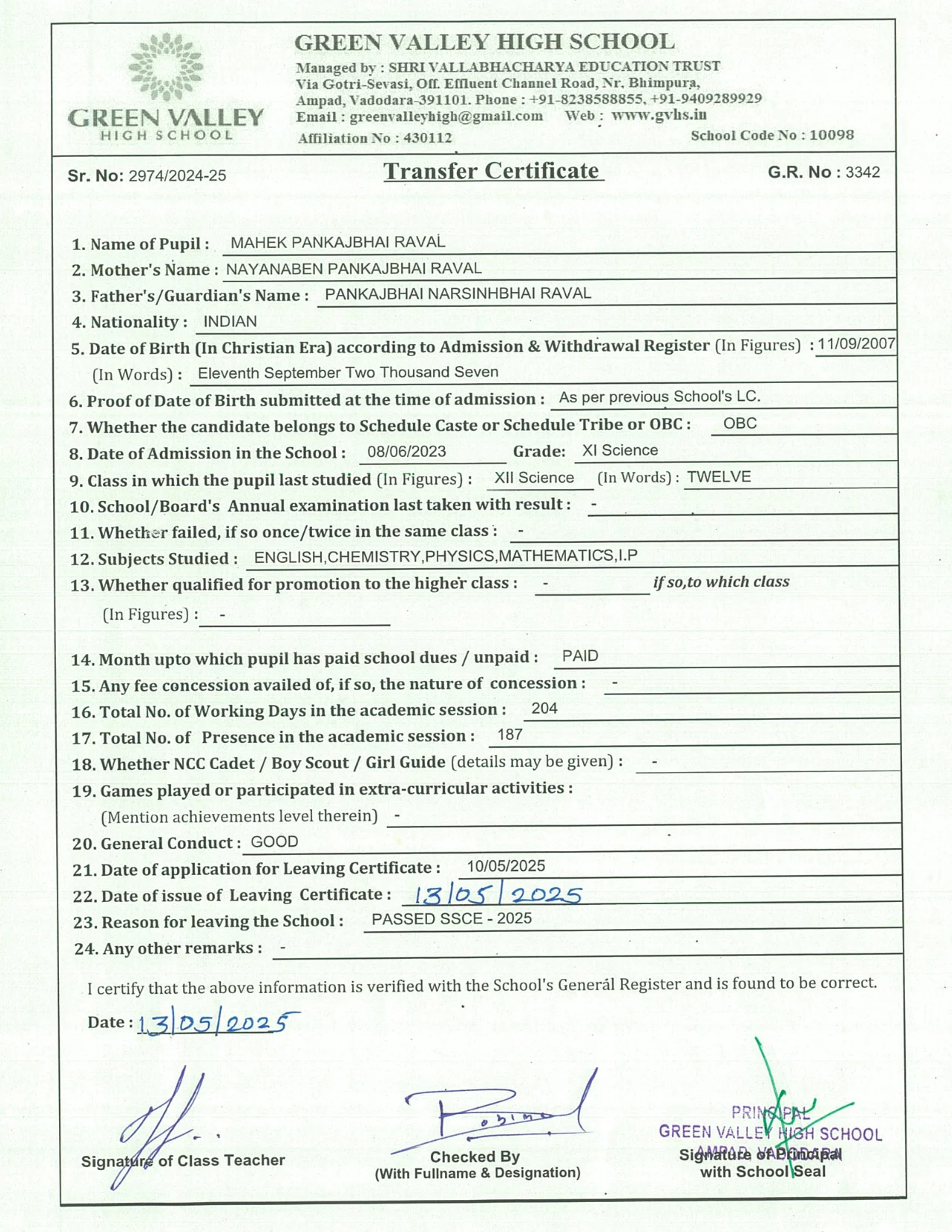 3342 - Mahek Pankajbhai Raval