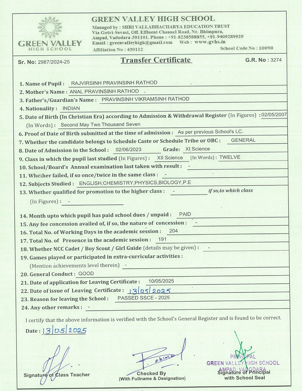 3274 - Rajvirsinh P Rathod