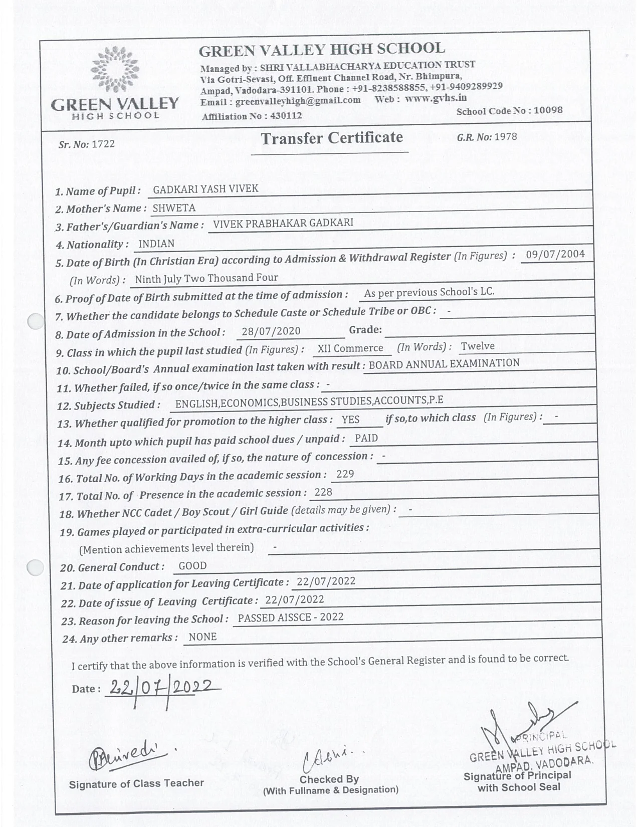 1722 - Gadkari Yash Vivek  